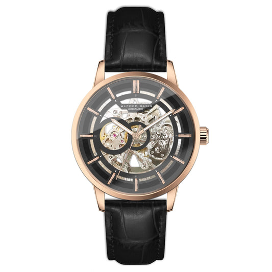 Alfred Sung Automatic III Black Skeleton Dial Black Leather Strap Men's watch