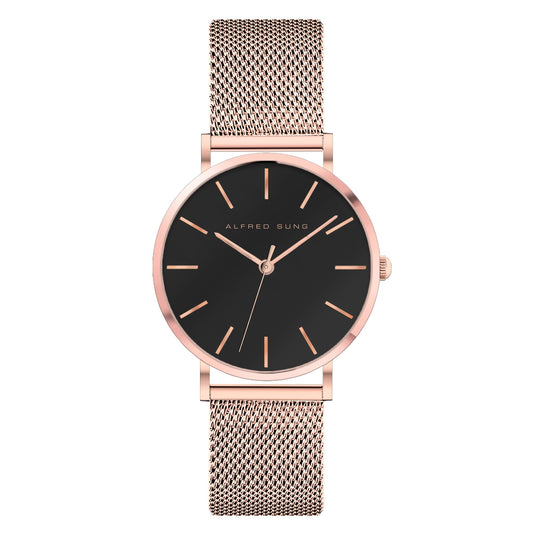 Alfred Sung Muse Black Dial Rosegold Bracelet Ladies watch