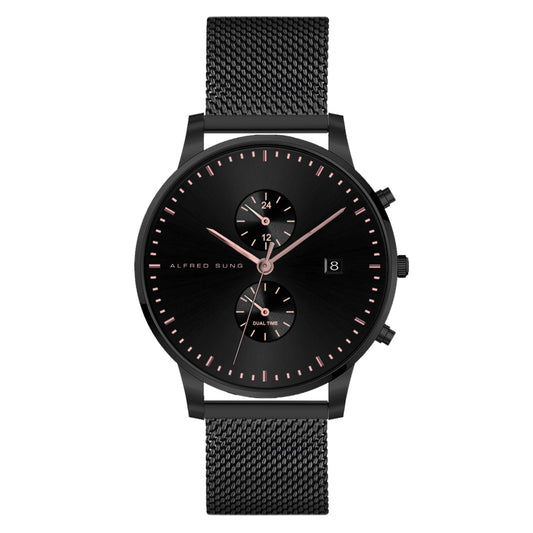 Alfred Sung Dual Time with Date Black Dial Black Mesh Stainless Steel watch