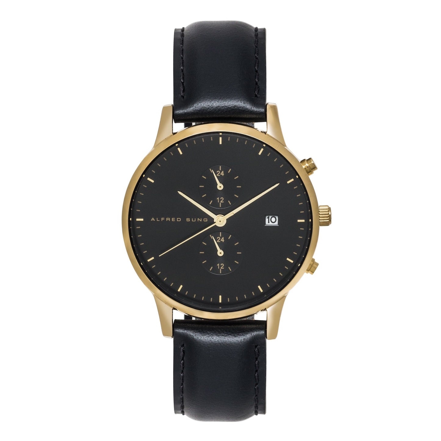 Alfred Sung Dual Time with Date Black Dial Black Leather Strap watch