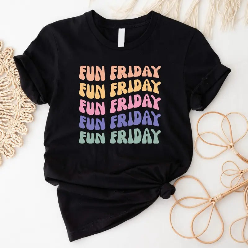 Fun Friday Shirt, Retro Friday T-shirt, Elementary School Teacher Tee, Matching Friyay Teacher Shirt, Weekend Teacher Gift Short Sleeve, TGIF Shirt Squad.