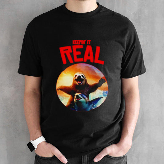 Keepinsâ€™ it real sloth riding shark shirts