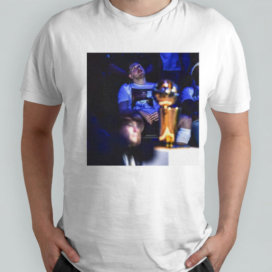 Luka Doncic mind on the trophy shirt
