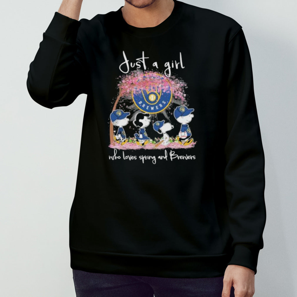 Official Peanuts Characters Walking Just A Girl Who Loves Spring And Milwaukee Brewers Shirt