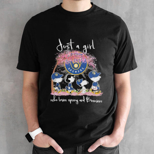 Official Peanuts Characters Walking Just A Girl Who Loves Spring And Milwaukee Brewers Shirt