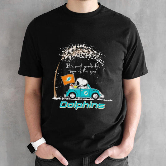 Peanuts Snoopy And Woodstock On Car Miami Dolphins Itâ€™s Most Wonderful Time Of The Year Shirt