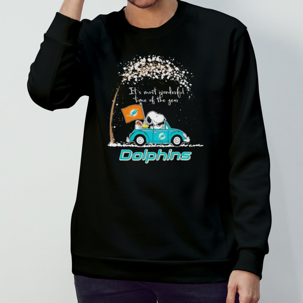 Peanuts Snoopy And Woodstock On Car Miami Dolphins Itâ€™s Most Wonderful Time Of The Year Shirt