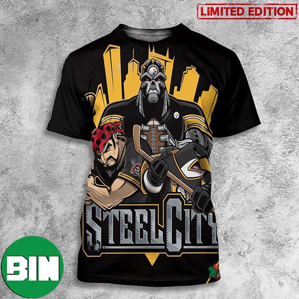 Pittsburgh Steelers x Pittsburgh Penguins x Pittsburgh Pirates art by Eric Poole All Over Print T-Shirts