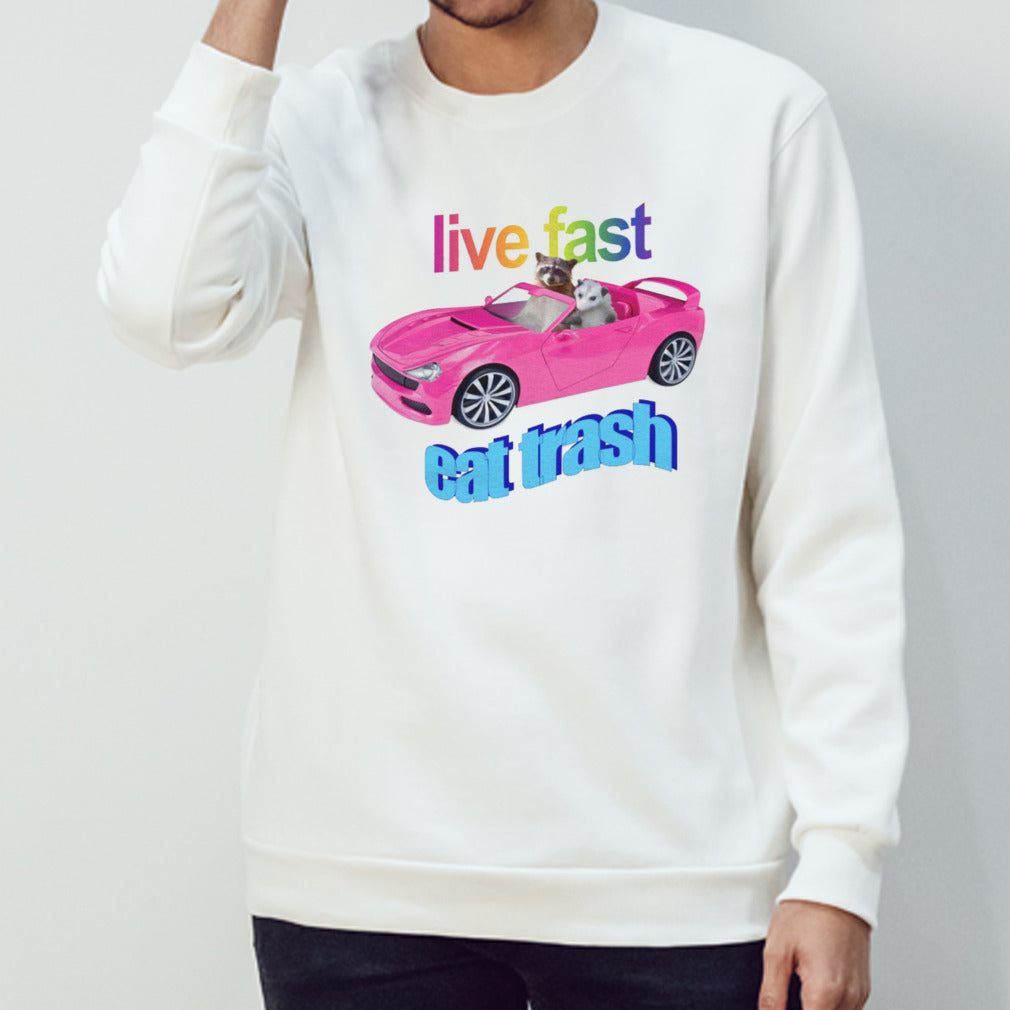 Raccoon vs possum riding pink car live fast eat trash shirt
