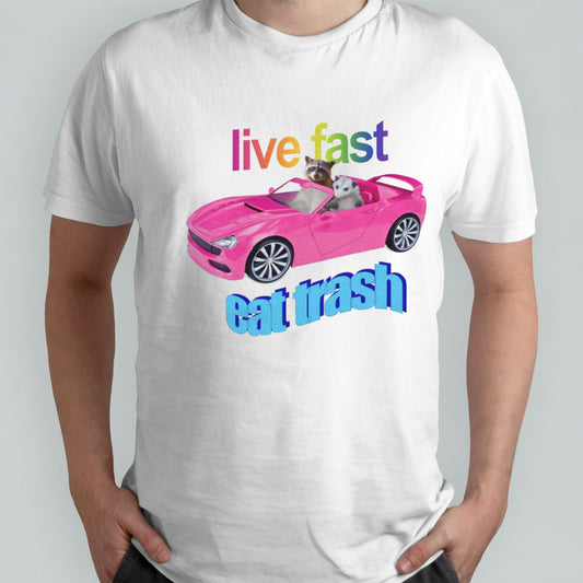 Raccoon vs possum riding pink car live fast eat trash shirt