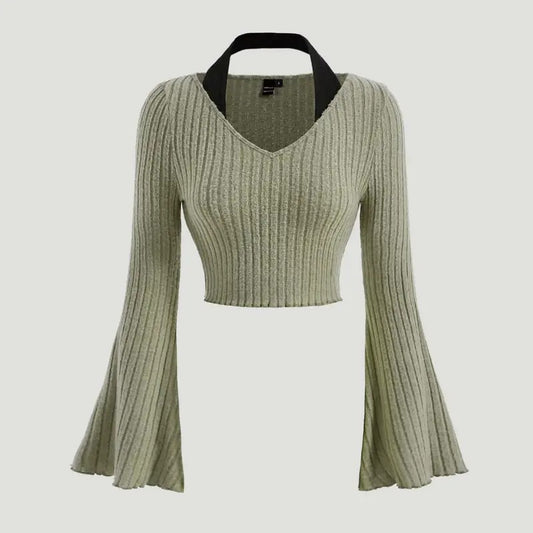Rib Knit Halter Crop Top Long Bell Sleeve Contrast Binding V Neck T-Shirts TopsY2K