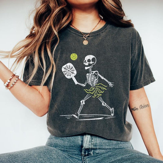 Skeleton Pickleball, Funny, Retro, Aesthetic, Vintage, Comfort Colors Tshirt, Women's Crew Neck, Crewneck