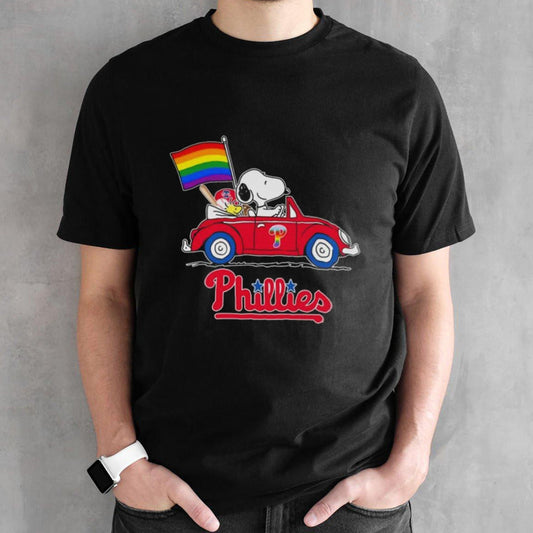 Snoopy And Woodstock Driving Car Philadelphia Phillies Pride Flag T-shirt