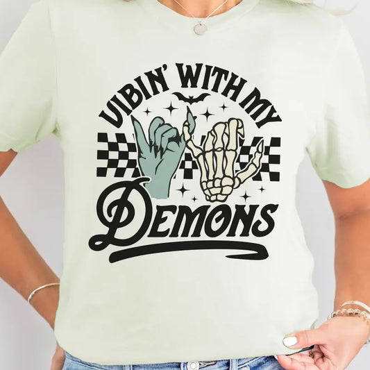 Vibin With My Demons Tee Vibin With My Demons Tshirt Retro Vibin With My Demons T-Shirt Skeleton Demon Top Funny Womens Graphic Top Vintage Checkerboard Vibin Tee