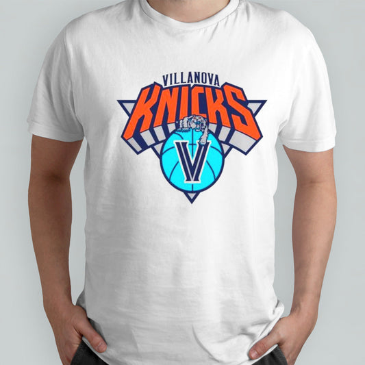Villanova Wildcats and New York Knicks mashup parody basketball shirts