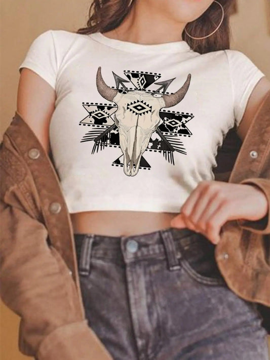 Women's Bull Head Print Round Neck Crop Tee, Vintage Trendy Casual Short Sleeve T-shirt for Daily Wear, Ladies All Seasons Clothes