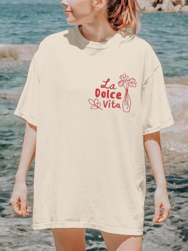 Women's Dove & Letter Print Round Neck Graphic Tee, Vintage Trendy Casual Short Sleeve T-shirt for Daily Wear, Ladies Summer Outfit, Top