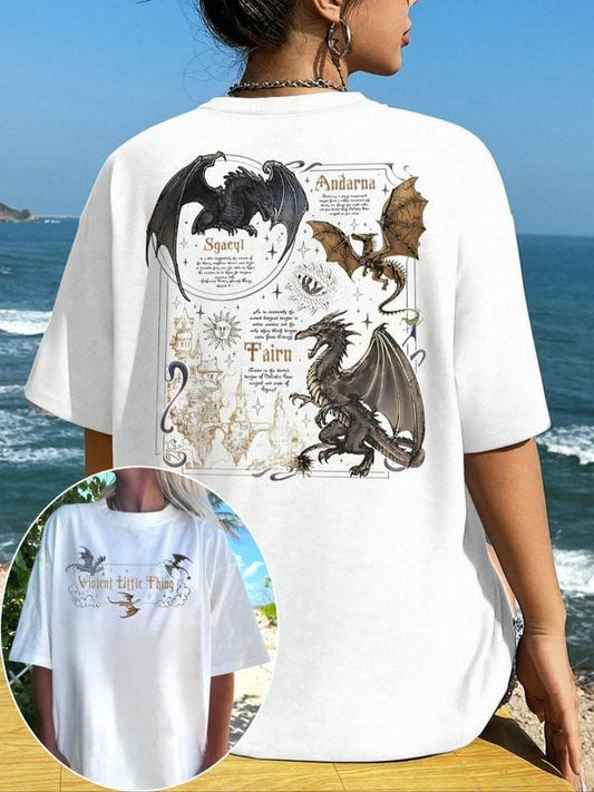 Women's Dragon & Figure Print Round Neck Graphic Tee, Vintage Trendy Casual Figure Graphic Short Sleeve T-shirt for Daily Wear, Ladies Summer Outfit