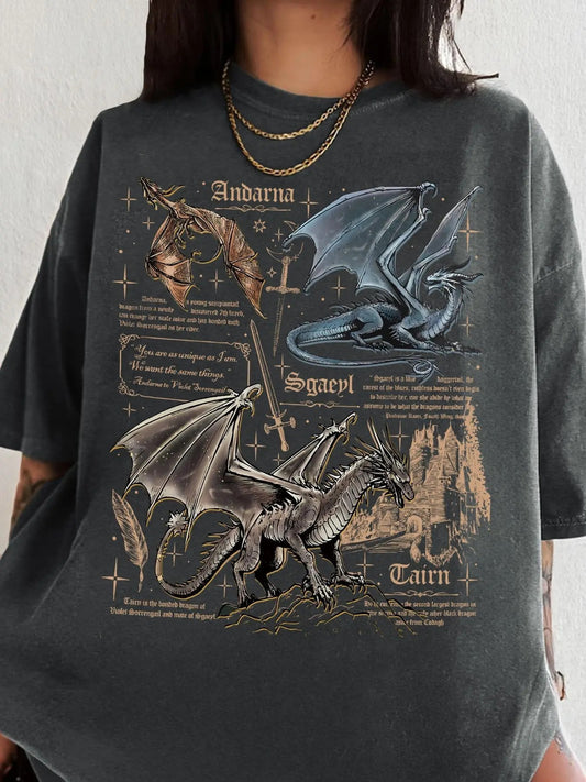 Women's Dragon & Letter Print Round Neck Graphic Tee, Vintage Trendy Casual Short Sleeve T-shirt for Daily Wear, Ladies Summer Top, Graphic Tees Women