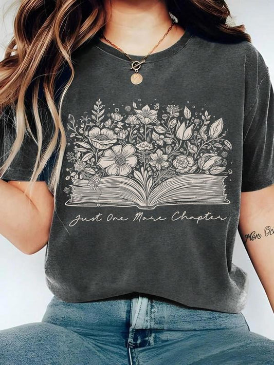 Women's Floral & Book Print Round Neck Tee, Vintage Trendy Casual Graphic Short Sleeve T-shirt for Daily Wear, Ladies Clothing for Summer