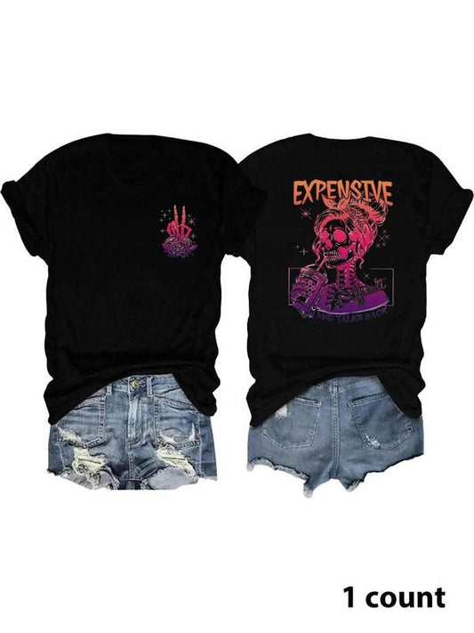 Women's Letter & Skeleton Print Round Neck Tee, Vintage Trendy Casual Short Sleeve T-shirt for Daily Wear, Ladies Summer Outfit, Top