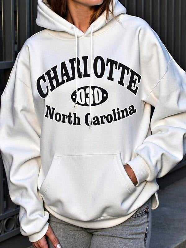 Women's Letter Print Vintage Hoodie, Casual Long Sleeve Hooded Sweatshirt for Fall & Winter, Fashion Ladies' Top for Daily Wear