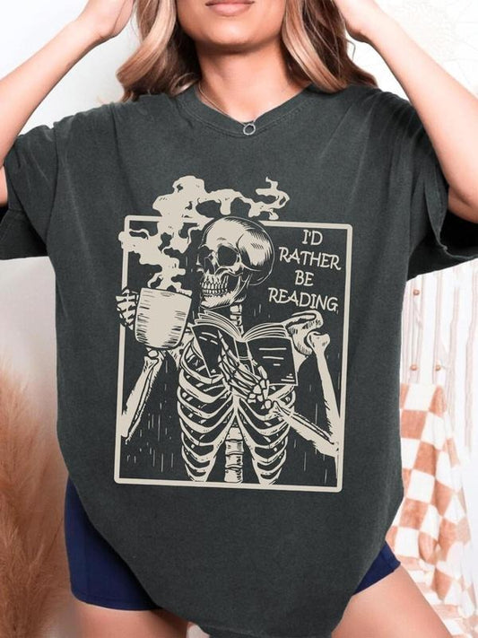 Women's Skeleton & Book Print Round Neck Tee, Vintage Trendy Casual Short Sleeve T-shirt for Daily Wear, Ladies Spring & Fall Clothes