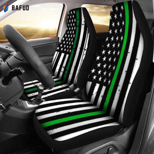 American Flag Car Seat Covers For Fan Gifts Green Stripe (Set of 2) - Bafud