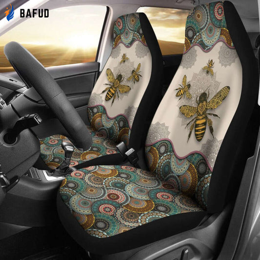 Bee Seat Covers For Fan Gifts - Bee Lovers 1 Galaxy Seat Covers For Fan Gifts, Mandala Style, Custom Front Car Seat Covers For Fan Gifts, Pair of Covers - Bafud