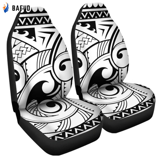 Black And White Maori Pattern Print Universal Fit Car Seat Covers For Fan Gifts Set 2 Automotive Seat Protector - Bafud