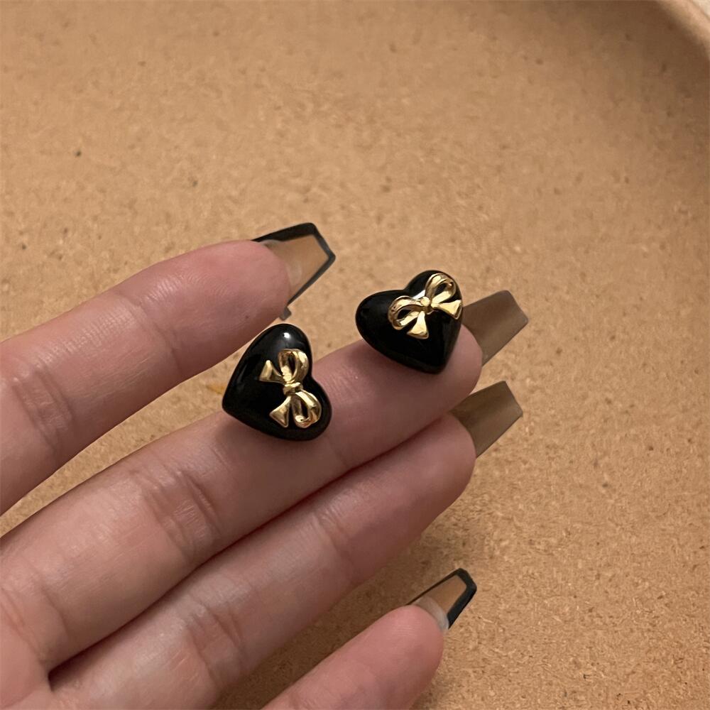 Black Heart Bow Earrings