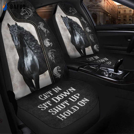 Black Horse Leather Pattern Hold on Car Seat Covers For Fan Gifts Universal Fit - Set 2 - Bafud