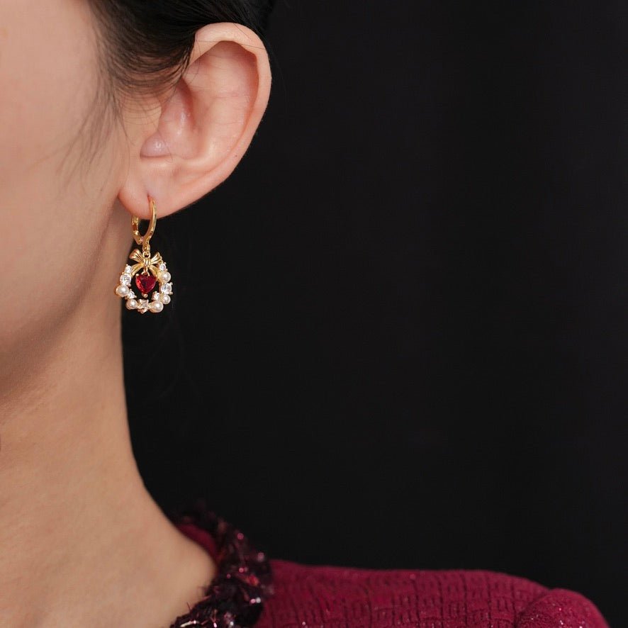 Bow Wreath Red Heart Earrings