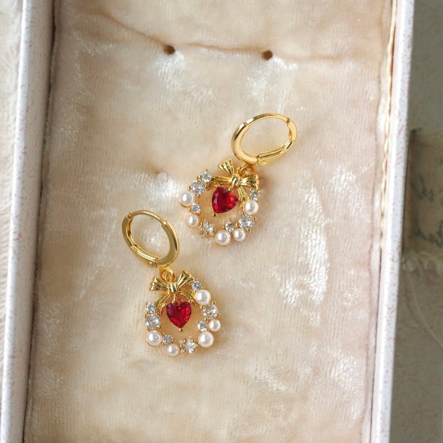 Bow Wreath Red Heart Earrings