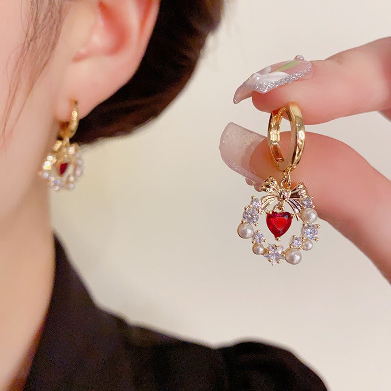 Bow Wreath Red Heart Earrings