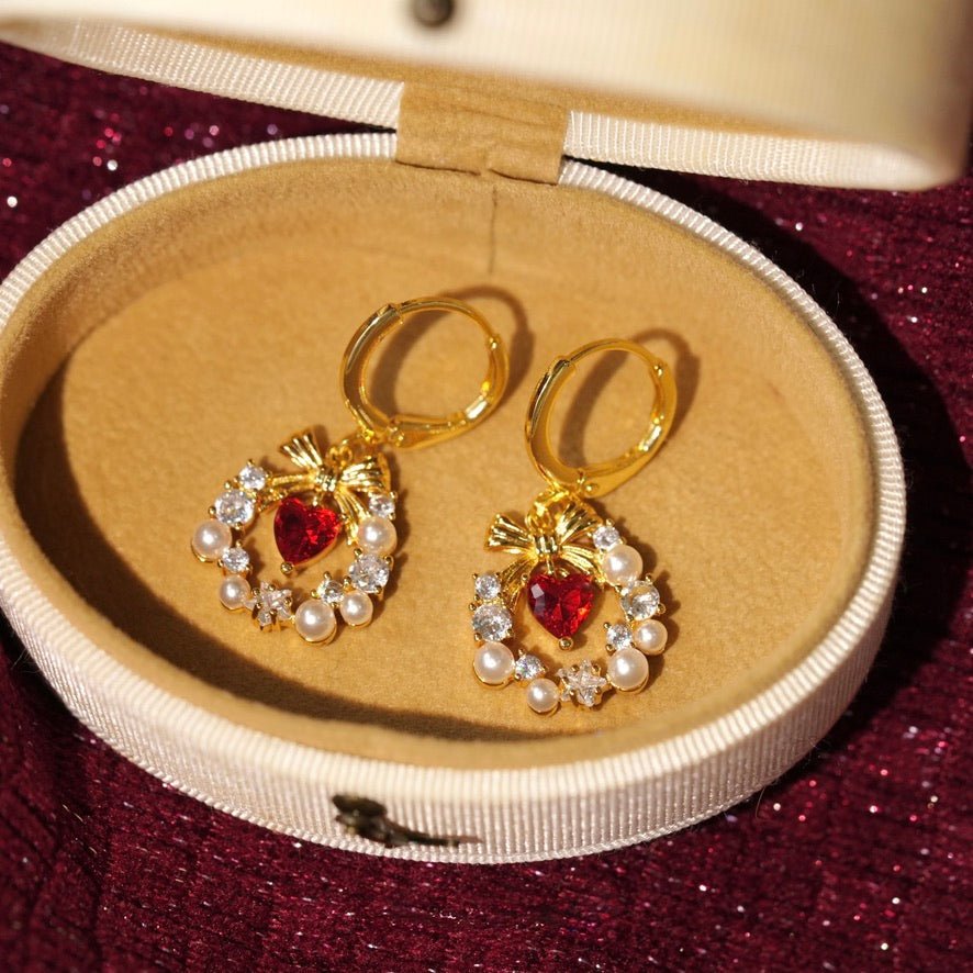 Bow Wreath Red Heart Earrings