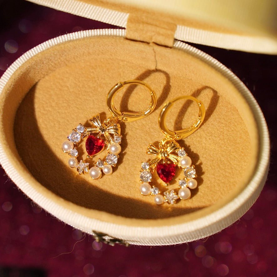 Bow Wreath Red Heart Earrings