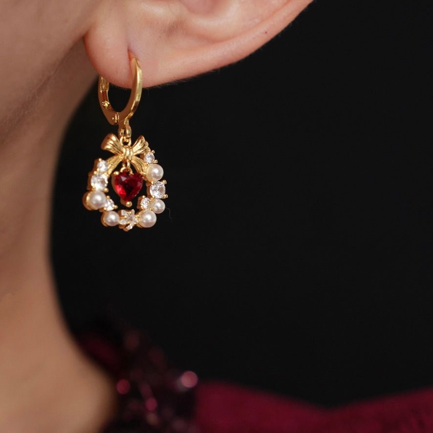 Bow Wreath Red Heart Earrings
