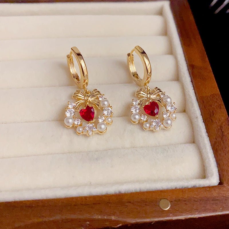 Bow Wreath Red Heart Earrings