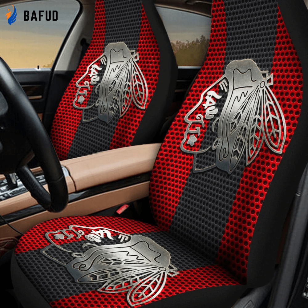 Chicago Blackhawks Logo Metal Pattern Universal Fit Car Seat Covers For Fan Gifts NHL Gifts For Fans - Bafud