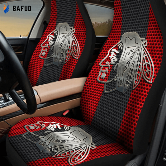 Chicago Blackhawks Logo Metal Pattern Universal Fit Car Seat Covers For Fan Gifts NHL Gifts For Fans - Bafud