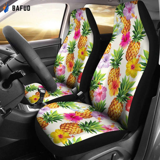 Cool Pineapple And Hibiscus Car Seat Covers For Fan Gifts - AH - K5 - Bafud