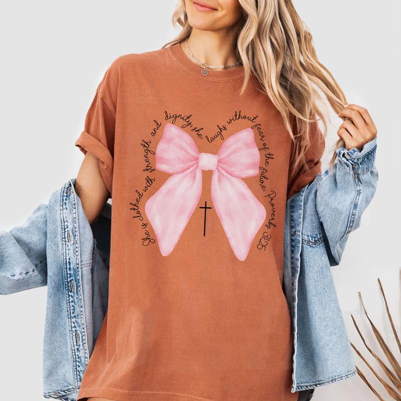 Coquette Christian Shirt, Proverbs She is Clothed with Strength Coquette Bow T-Shirt, Christian Sweatshirt, Christian Shirts For Women, Coquette Bible Verse Shirt, Comfort Women Top
