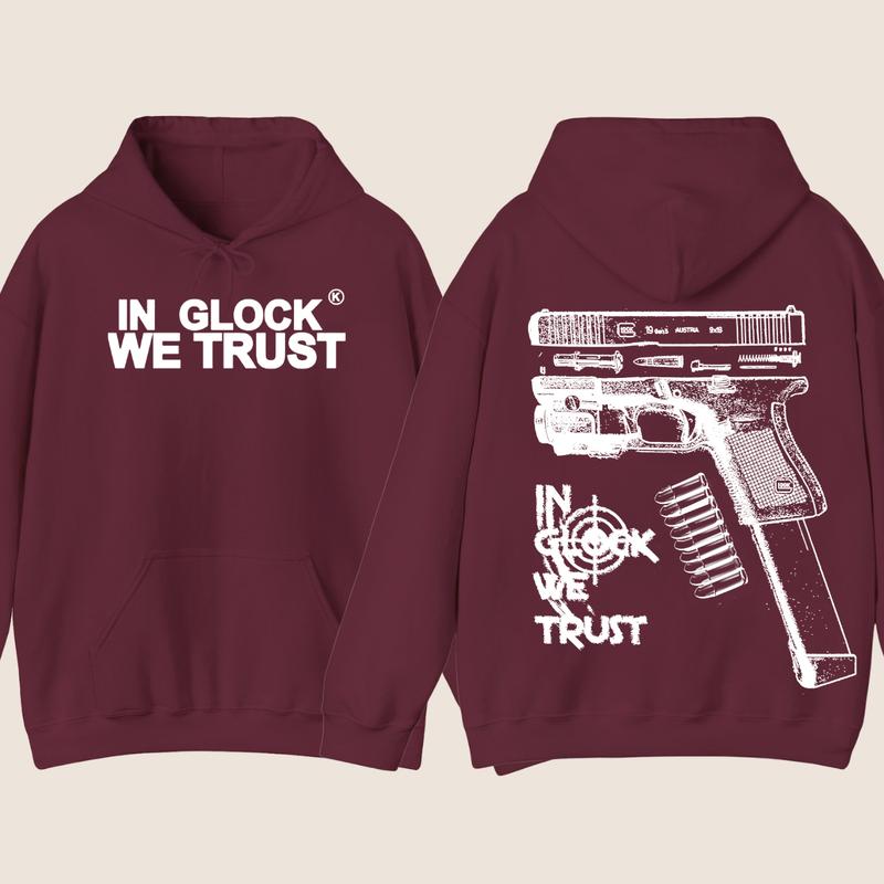 In Glock We Trust Double Sided Hoodie - Full Color - New Design Black & White- Classic Fit - Long Sleeve - Menswear - Unisex,For Her, For Him glock shirt