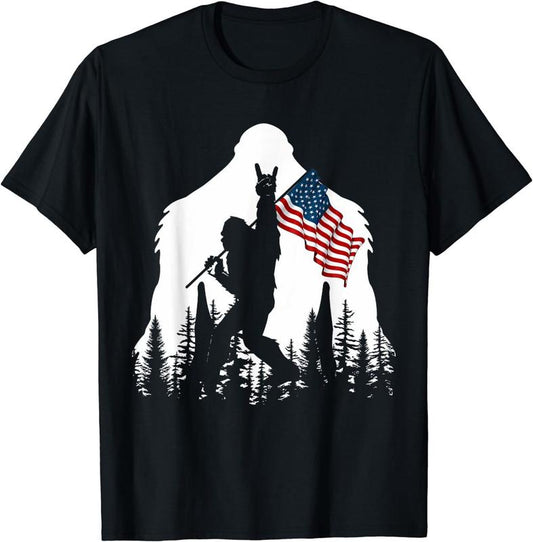 Bigfoot Rock On Hold American Flag Sasquatch Believers T-Shirt for Men - Menswear, Top