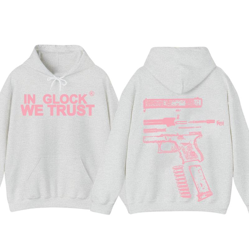 IN GLOCK WE TRUST 2 side Hoodie,Design color Light Pink, Hoodie For Men, Menswear Top , GIft For Men,Full color,Hoodie & sweaters