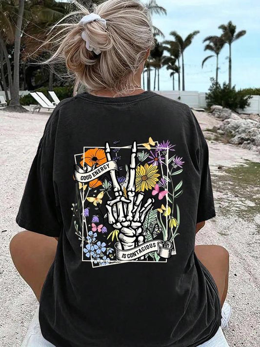 Women's Letter & Skull Print Drop Shoulder Tee,Ã‚Â Back To School Outfits, Casual Round Neck Half Sleeve T-Shirt for Daily Vacation Outdoor, Ladies Summe