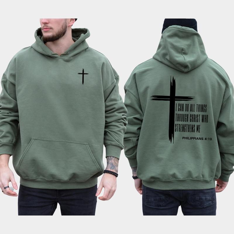 Men's Christian 2-Sided Hoodie, I Can Do All Things Through Christ Hoodies, Jesus Apparel, Bible Verses Tops, Religious Menswear, Long Sleeve Pullover