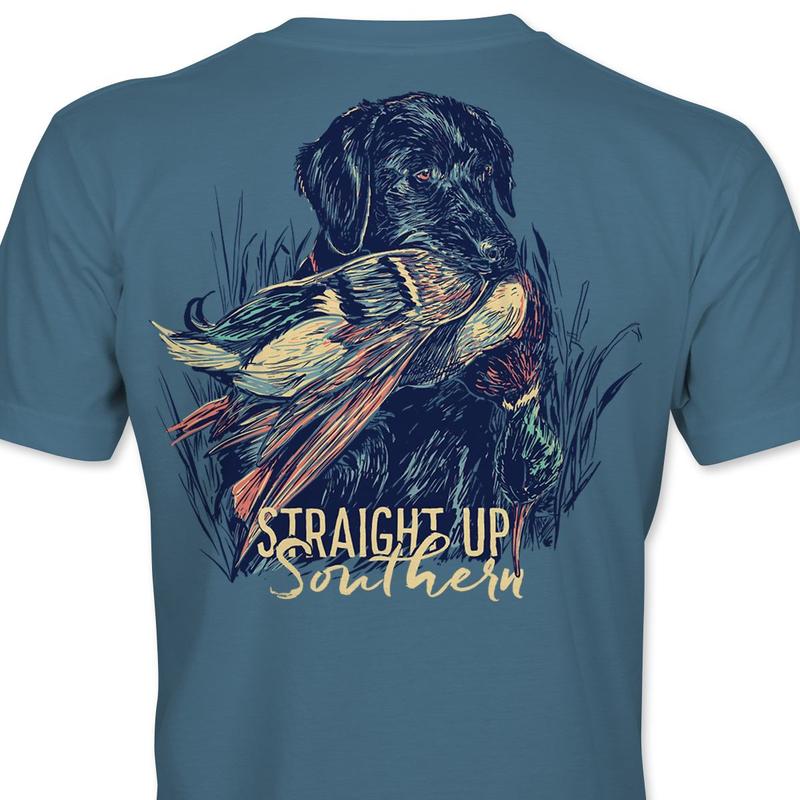 Lab With Mallard - Black Lab Retrieving Mallard T-Shirt - Indigo Classic Collar