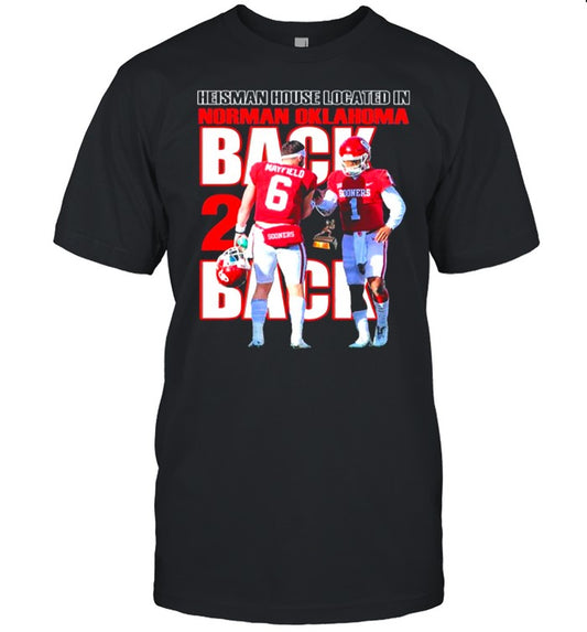 Back And Back Heisman House Located In Norman Oklahoma Mayfield Shirt